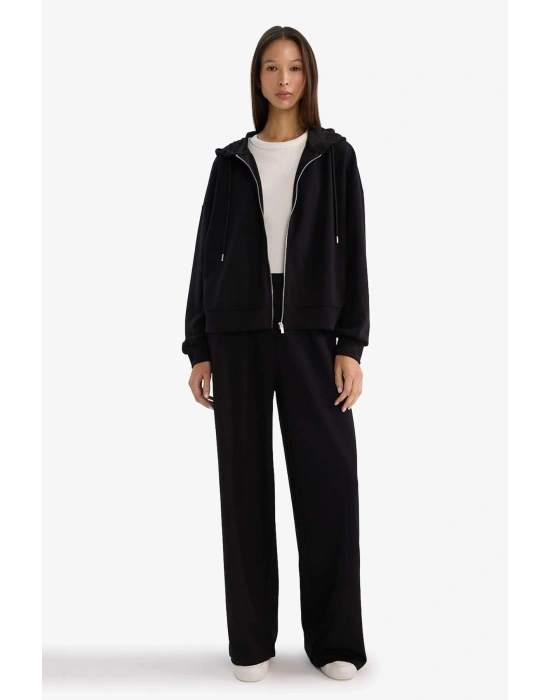 Wide Leg Cepli Eşofman Altı Siyah Düz Bel