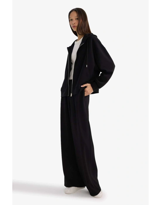 Wide Leg Cepli Eşofman Altı Siyah Düz Bel