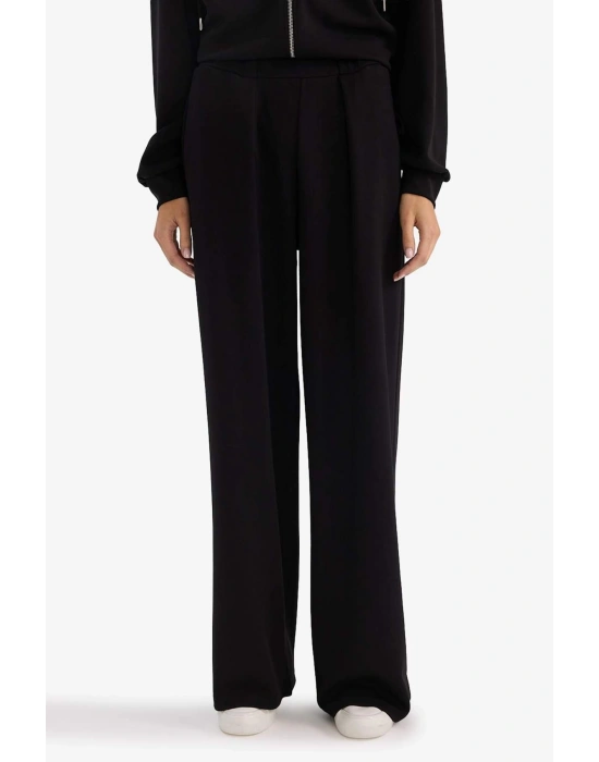 Wide Leg Cepli Eşofman Altı Siyah Düz Bel