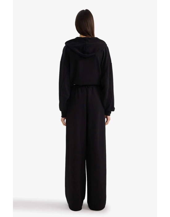 Wide Leg Cepli Eşofman Altı Siyah Düz Bel