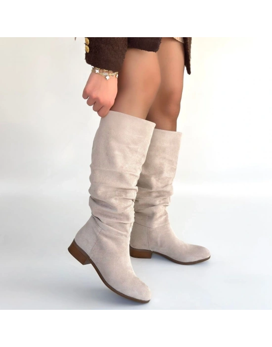 Winda Bej Süet Körüklü Topuklu Çizme