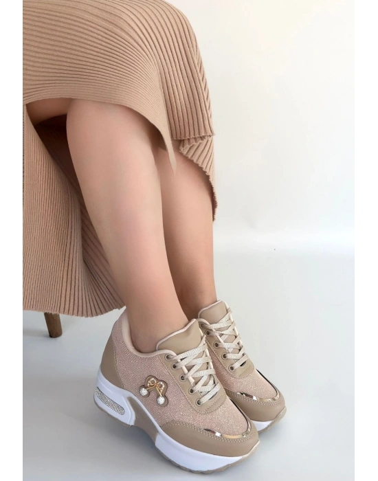 Wody Bej Cilt Simli Bağcıklı Spor Ayakkabı