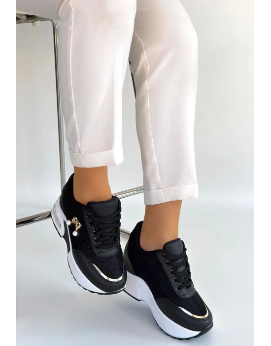 Wody Siyah Cilt Simli Bağcıklı Spor Ayakkabı