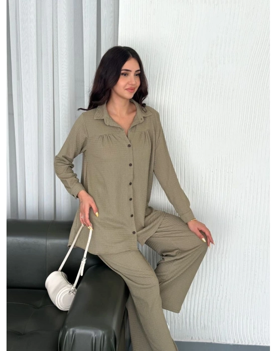 Yakalı Düğmeli Uzun Kollu Gömlek Pantolon ikili Takım - Bej