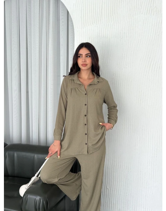 Yakalı Düğmeli Uzun Kollu Gömlek Pantolon ikili Takım - Bej