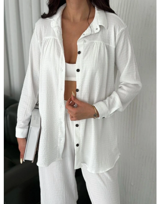 Yakalı Düğmeli Uzun Kollu Gömlek Pantolon ikili Takım - Beyaz