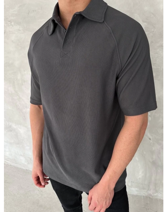 Yakalı Patlı Kısa Kol T-shirt - Antrasit