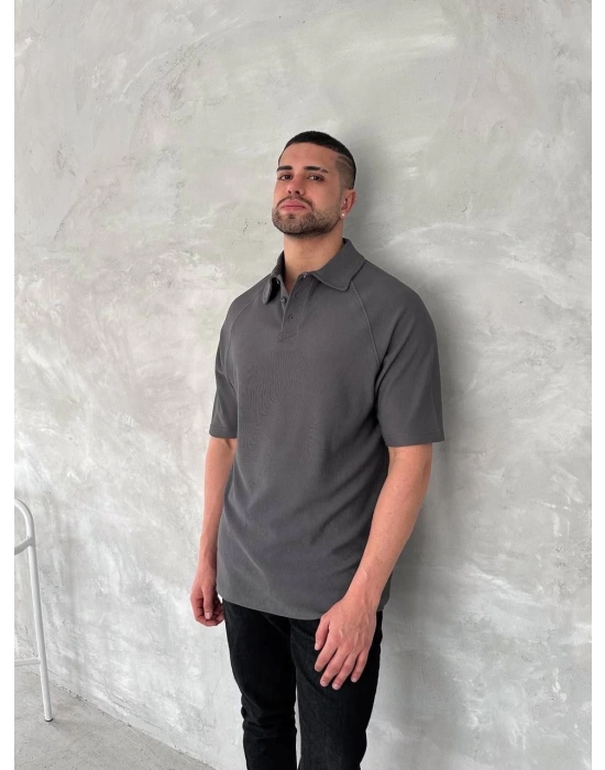 Yakalı Patlı Kısa Kol T-shirt - Antrasit