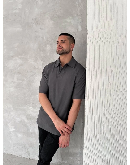 Yakalı Patlı Kısa Kol T-shirt - Antrasit