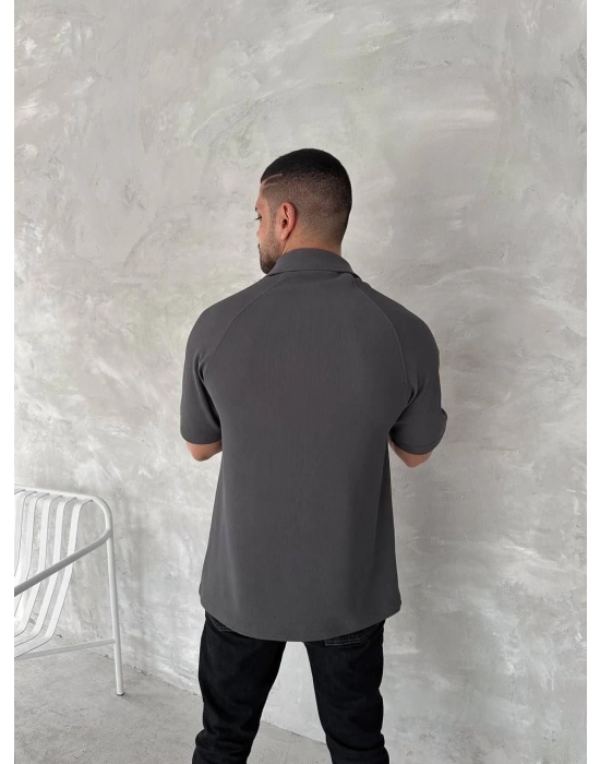 Yakalı Patlı Kısa Kol T-shirt - Antrasit