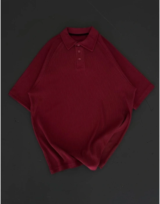 Yakalı Patlı Kısa Kol T-shirt - Bordo