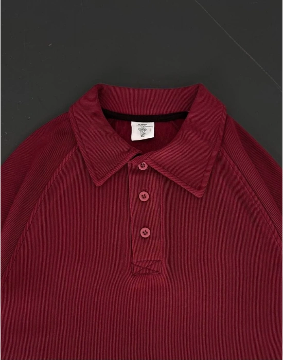 Yakalı Patlı Kısa Kol T-shirt - Bordo