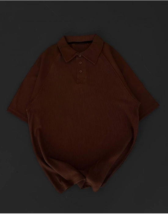 Yakalı Patlı Kısa Kol T-shirt - Kahverengi