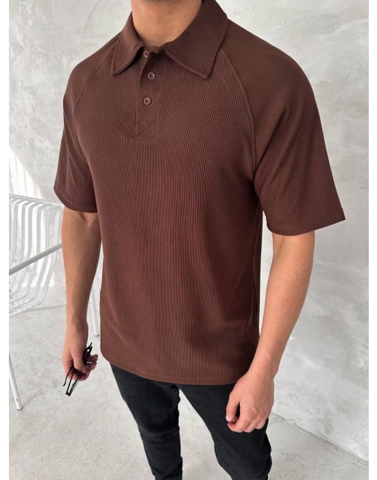 Yakalı Patlı Kısa Kol T-shirt - Kahverengi