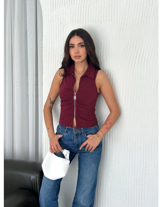 Yakalı Tam Fermuarlı Kolsuz Bluz - Bordo