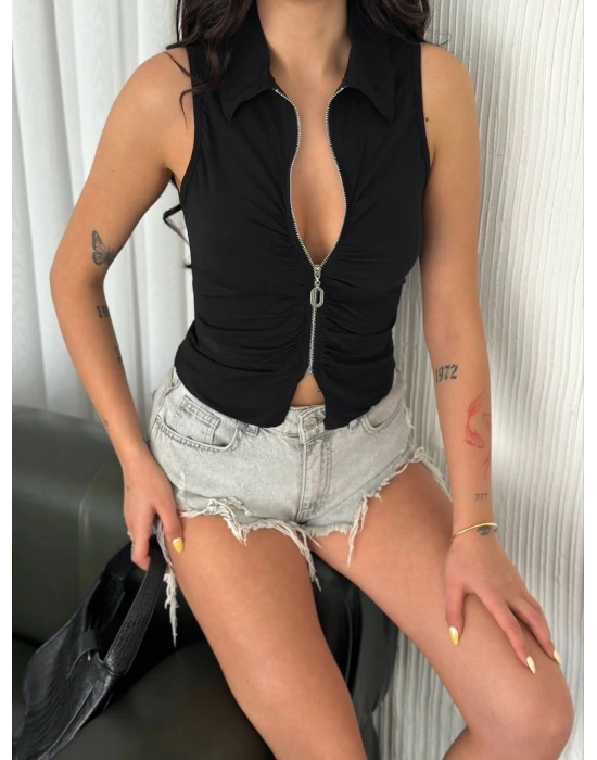 Yakalı Tam Fermuarlı Kolsuz Bluz - Siyah