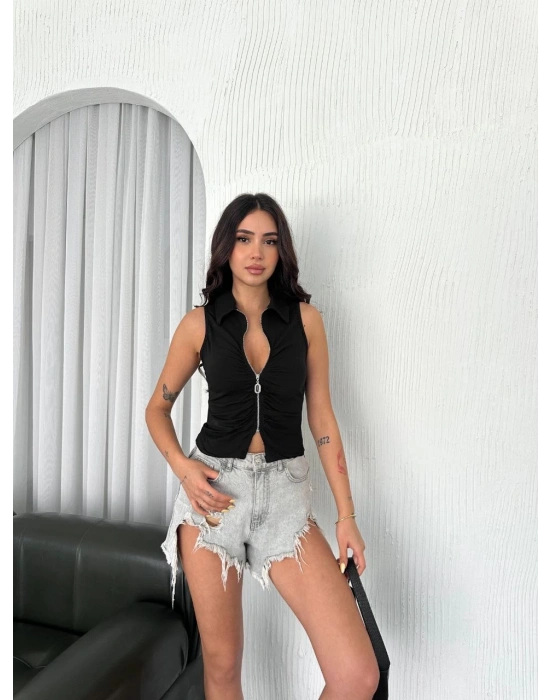 Yakalı Tam Fermuarlı Kolsuz Bluz - Siyah