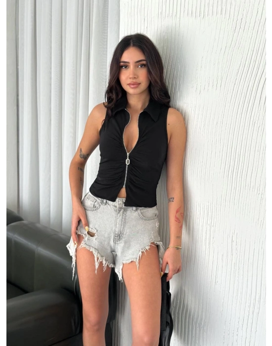 Yakalı Tam Fermuarlı Kolsuz Bluz - Siyah