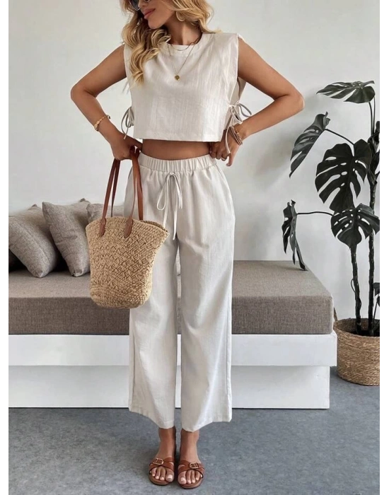 Yan bağlama detaylı pantolonlu takım bej