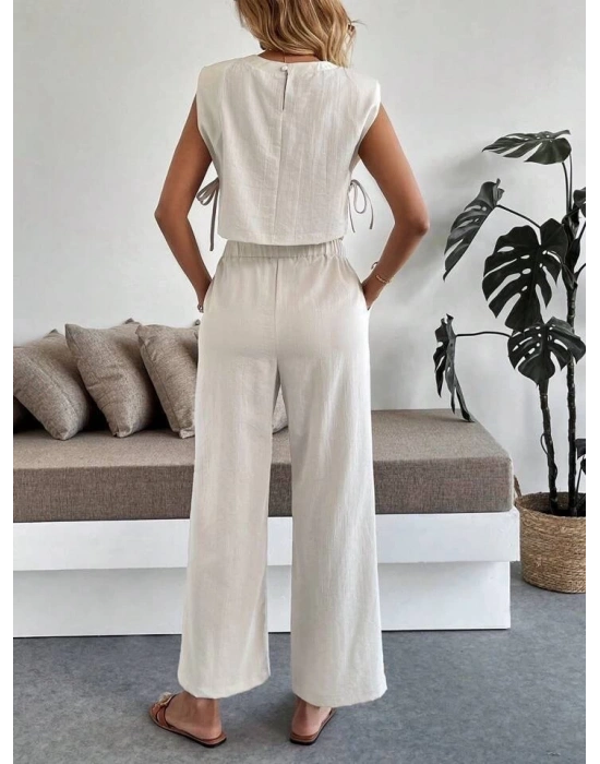 Yan bağlama detaylı pantolonlu takım bej