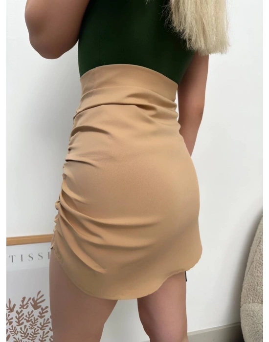 Yanı büzgülü etek camel s24718