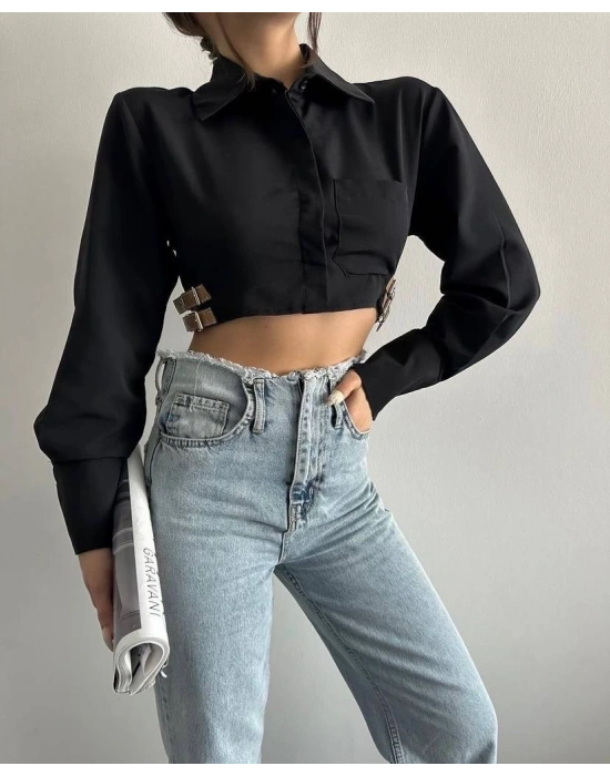 Yanı kemer detaylı crop gömlek siyah s4009