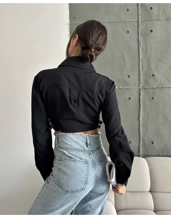 Yanı kemer detaylı crop gömlek siyah s4009