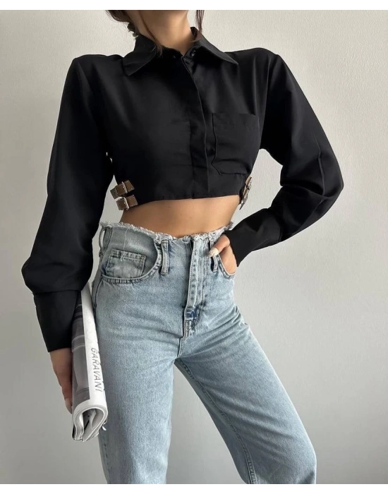 Yanı kemer detaylı crop gömlek siyah s4009