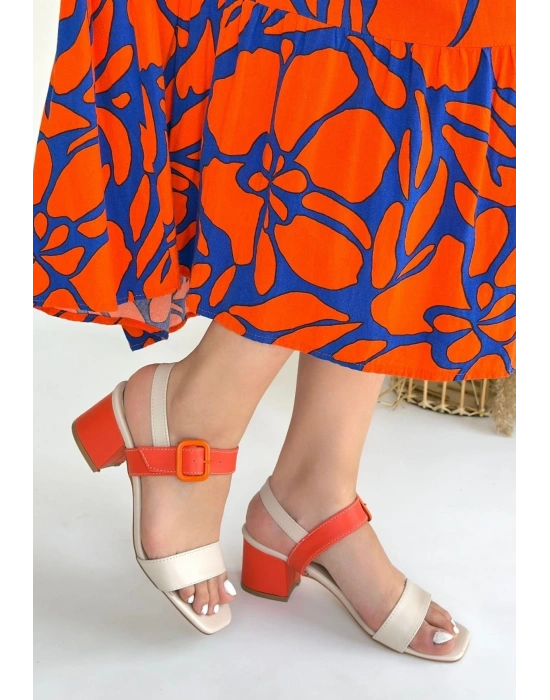 Year Bej Cilt Turuncu Detaylı Turuncu Topuklu Topuklu Ayakkabı