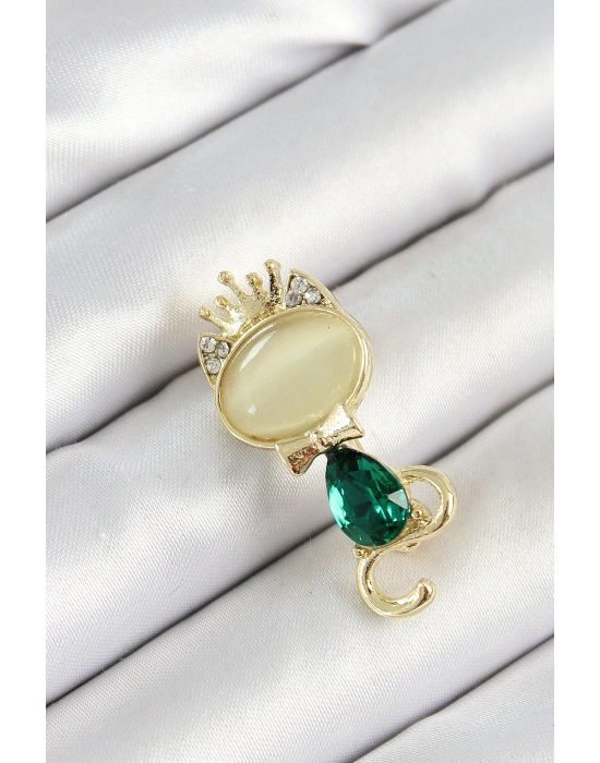 Yeşil Damla Zirkon Taşlı Kraliçe Taçlı Kedi Figürlü Gold Renk Kadın Broş