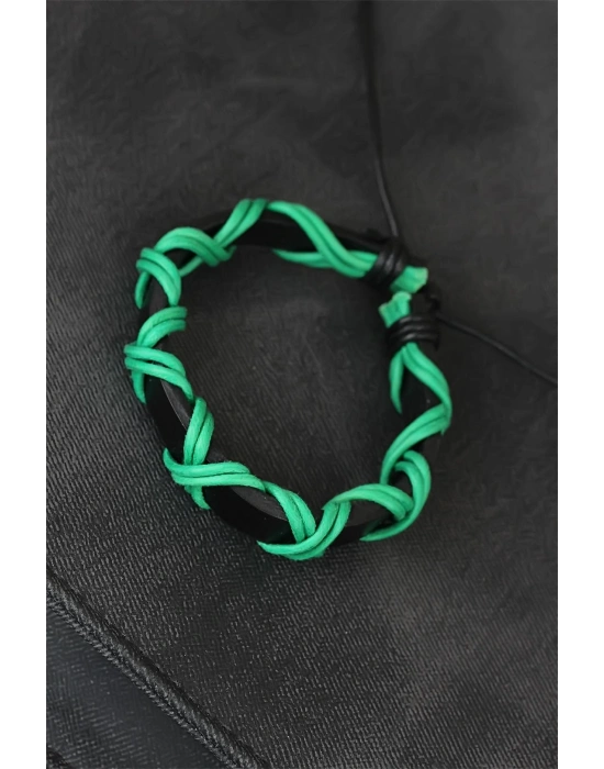 Yeşil İpli Siyah Renk Deri Erkek Bileklik