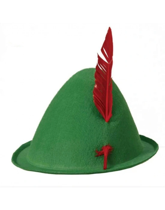 Yeşil Renk Kırmızı Tüylü Peter Pan Şapkası Robin Hood Şapkası 24X23 cm