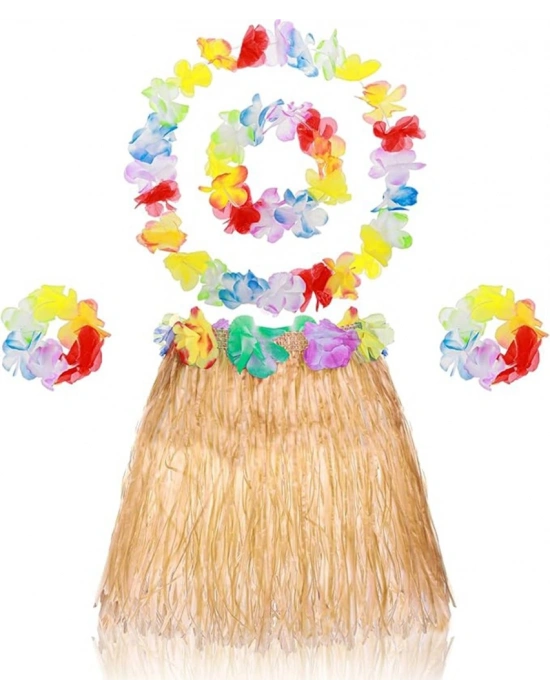 Yetişkin Çocuk Hawaii Parti Seti - 40 cm Naturel Etek + Çiçek Aksesuarlar (5 Parça) NessiWorld