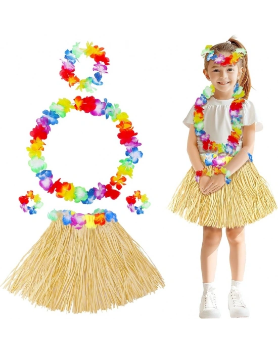 Yetişkin Çocuk Hawaii Parti Seti - 40 cm Naturel Etek + Çiçek Aksesuarlar (5 Parça) NessiWorld