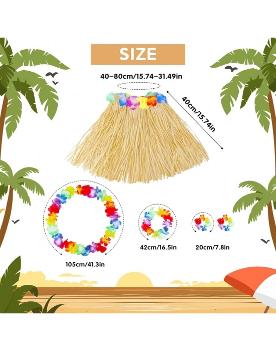 Yetişkin Çocuk Hawaii Parti Seti - 40 cm Naturel Etek + Çiçek Aksesuarlar (5 Parça) NessiWorld