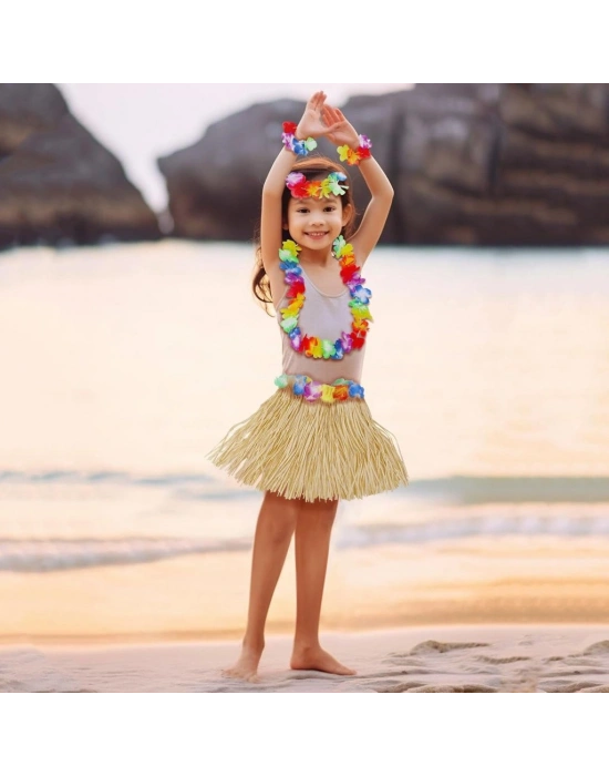 Yetişkin Çocuk Hawaii Parti Seti - 40 cm Naturel Etek + Çiçek Aksesuarlar (5 Parça) NessiWorld