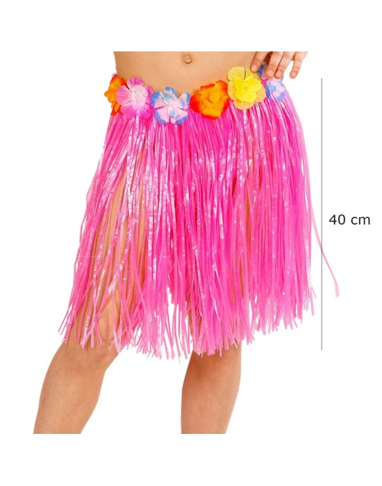 Yetişkin ve Çocuk Uyumlu Pembe Renk Püsküllü Hawaii Luau Hula Etek 40 cm
