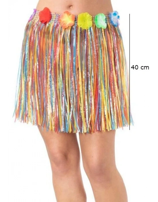 Yetişkin ve Çocuk Uyumlu Rengarenk Püsküllü Hawaii Luau Hula Etek 40 cm