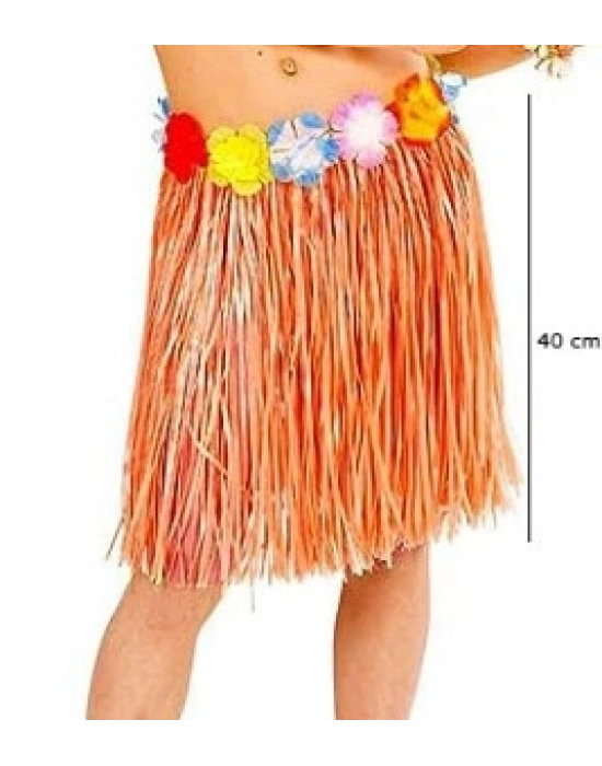 Yetişkin ve Çocuk Uyumlu Turuncu Renk Püsküllü Hawaii Luau Hula Etek 40 cm