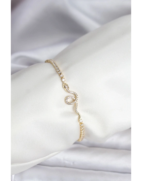 Yılan Model Zirkon Taşlı Gold Renk Pirinç Su Yolu Kadın Bileklik