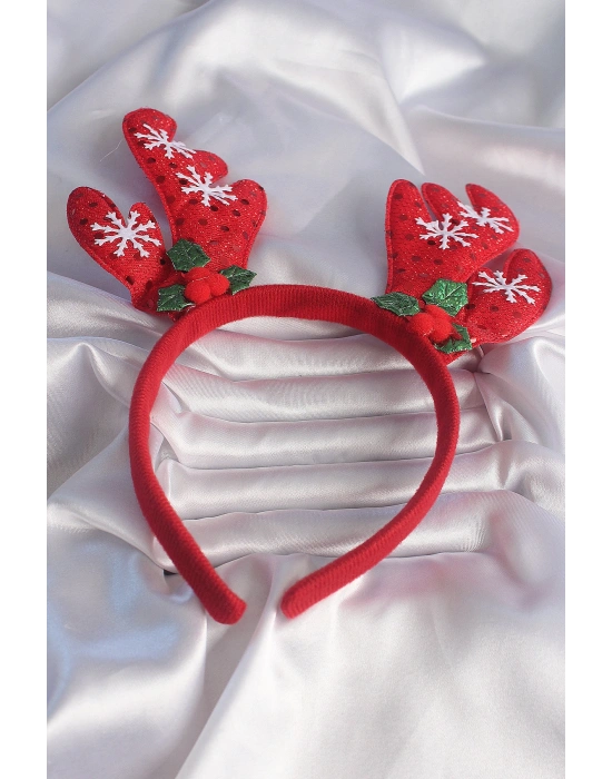 Yılbaşı Temalı Kar Tanesi İşleme Detay Geyik Boynuzu Figürlü Taç