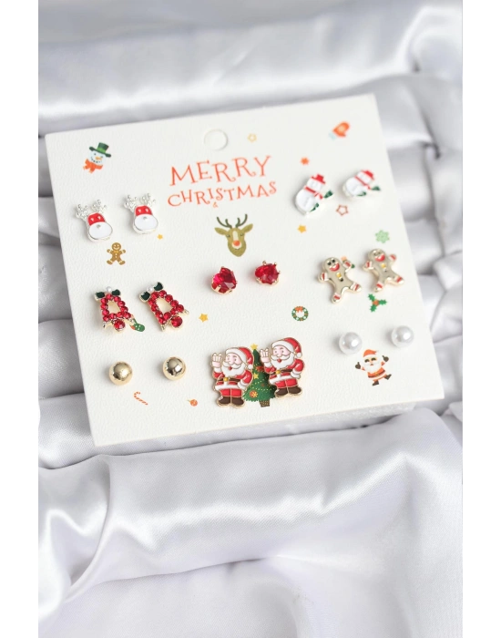 Yılbaşı Temalı Karışık Model 8 Çift Yılbaşı Temalı Kadın Küpe Seti