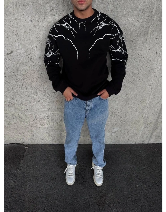 Yıldırım Baskılı Bisiklet Yaka SweatShirt - Siyah