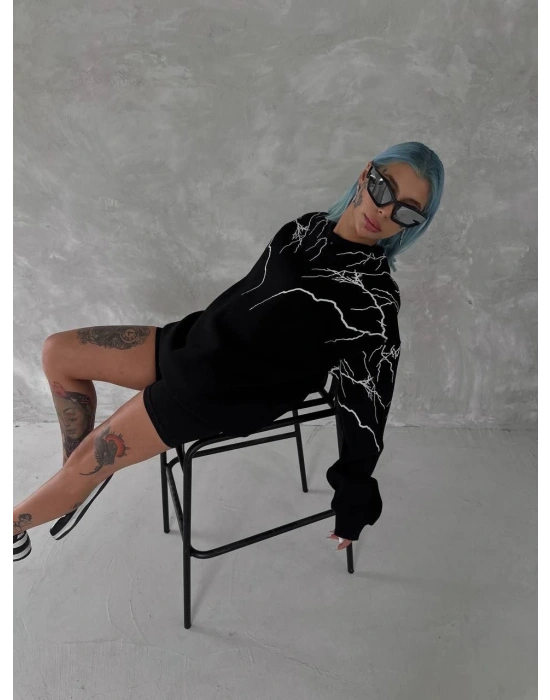 Yıldırım Baskılı Bisiklet Yaka SweatShirt - Siyah
