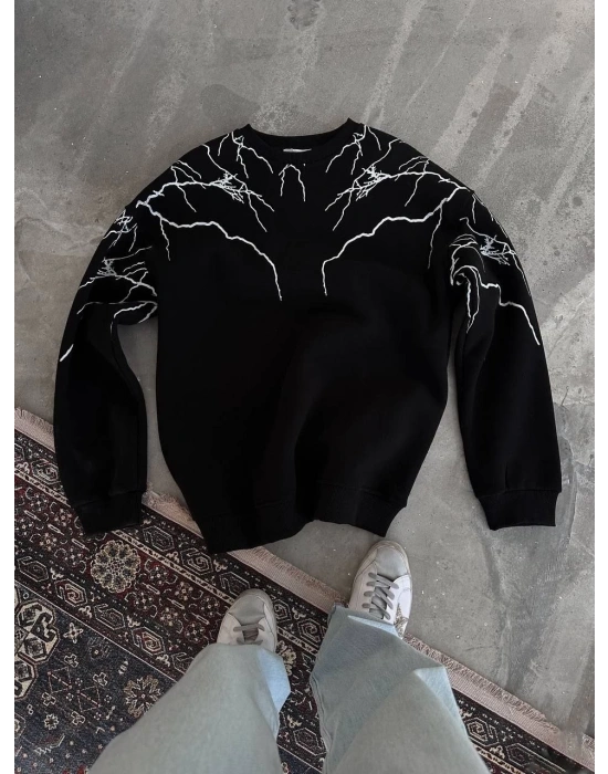 Yıldırım Baskılı Bisiklet Yaka SweatShirt - Siyah