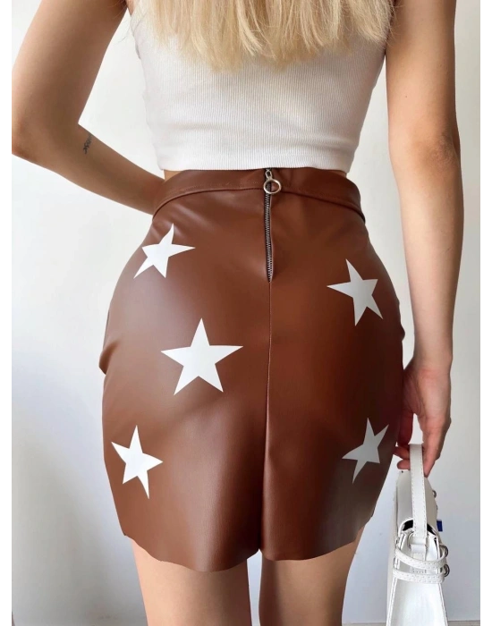 Yıldız baskılı deri etek kahve