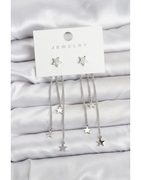 Yıldız Model Gümüş Renk Pirinç Sallantılı Kadın Küpe