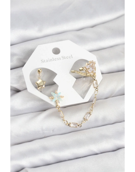 Yıldız Model Pirinç Gold Renk Zincir Bağlantılı Ear Cuff Küpe Seti