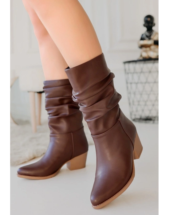 Yior Kahverengi Cilt Topuklu Bot