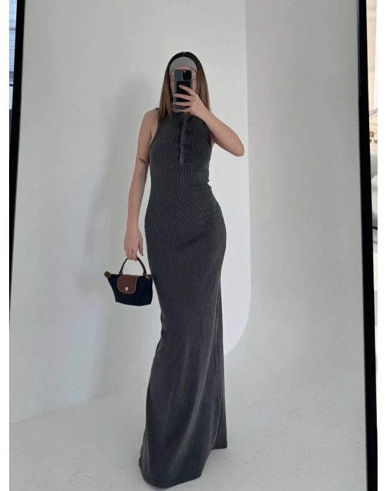 Yırtmaç Detaylı Kolsuz Düğmeli Yıkamalı Uzun Elbise - Antrasit